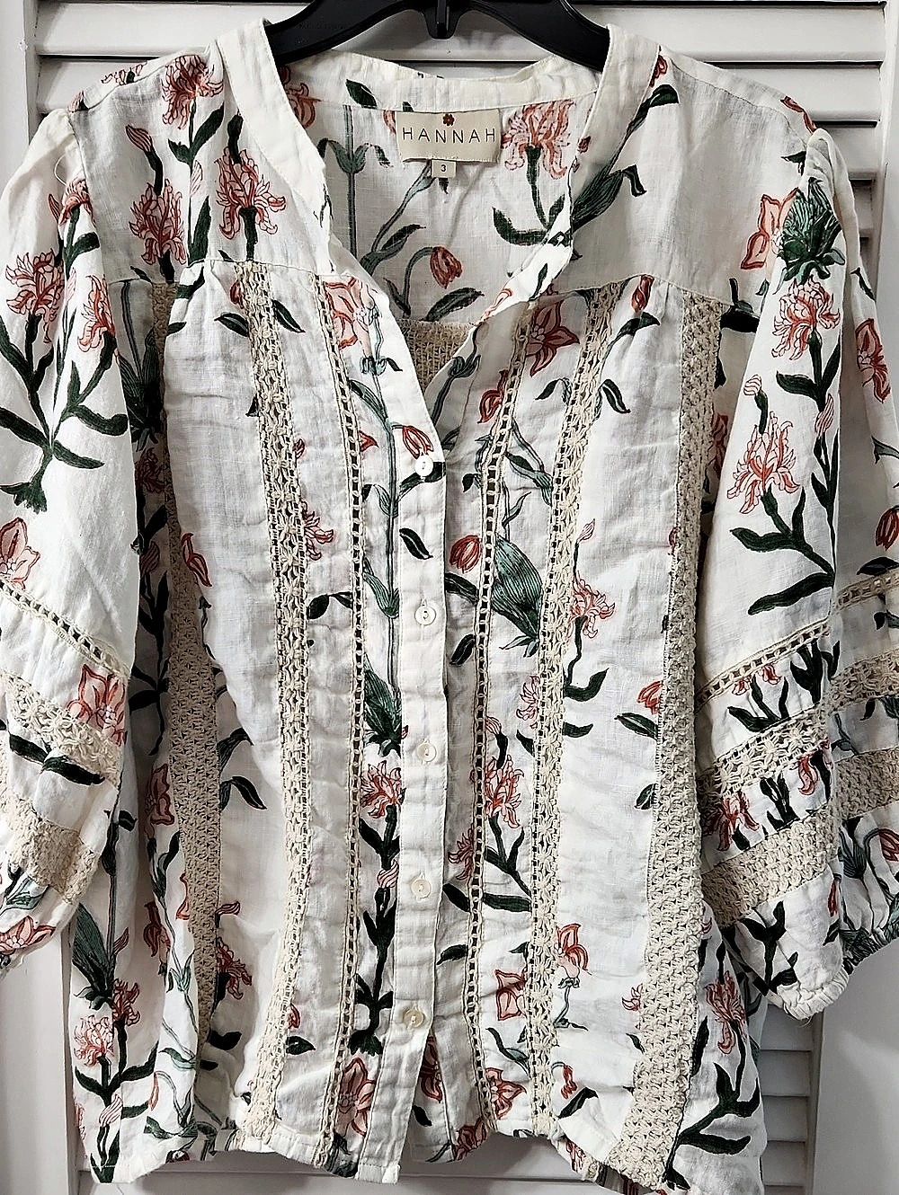 HANNAH Floral Linen Blouse Size 3 Like New